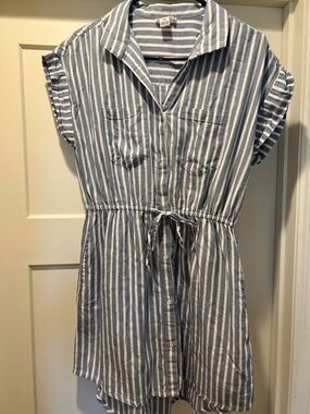 Japna Blue and White Striped High Low Shirt Dress